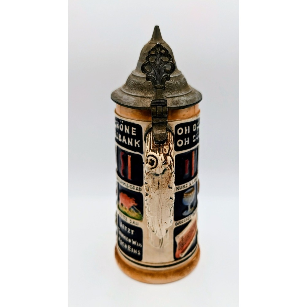 Vintage German Schnitzelbank Beer Stein Lidded Stoneware Mug Relief Folk Art - Picture 7 of 13